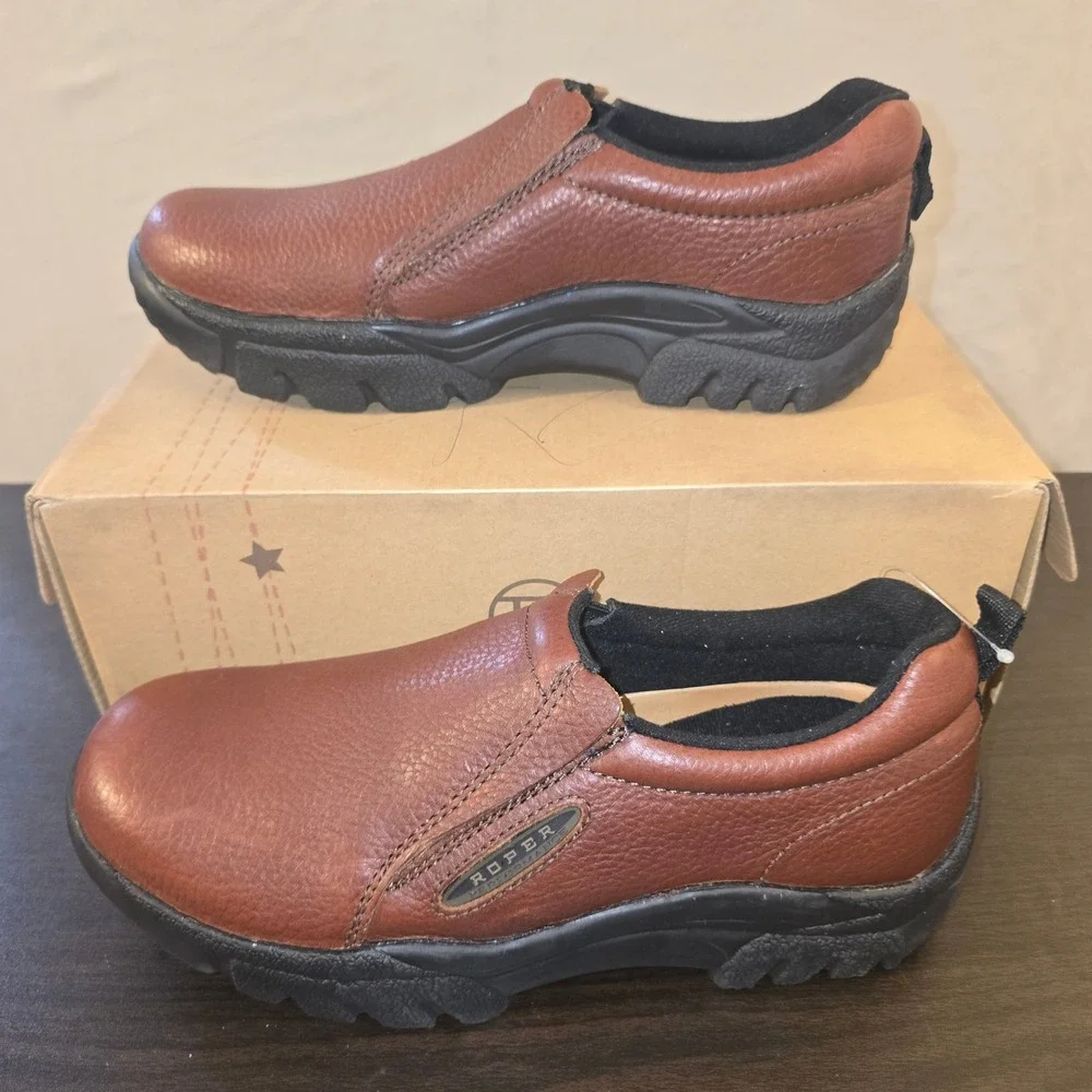 Roper Sport Slip On 9.5 EE Mens Bay Brown Leather Wide Performance Shoes